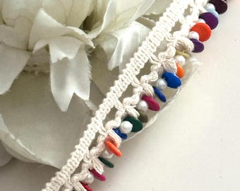 Bunte Perlen Stein Perlen Quastenborte mit Häkelspitze Einfassung für Kaftan Kleid Wohnkultur und Polsterung 9 m Western Boho Geschenkidee