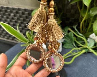 Gold Mirror Hanging Tassel Multi String Latkan Decorative Tassel 1pair Bridal Lehenga Latkan Dupatta Blouse Tassel Waist Belt Tassel 5.5inch