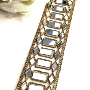 5.5cm Dull Gold Big Mirror Designer Indian Trim,Glamourous Waist Belt Mirror Choker Band Bollywood Lace, Kaftan, DIY Sew on Trim By Yard