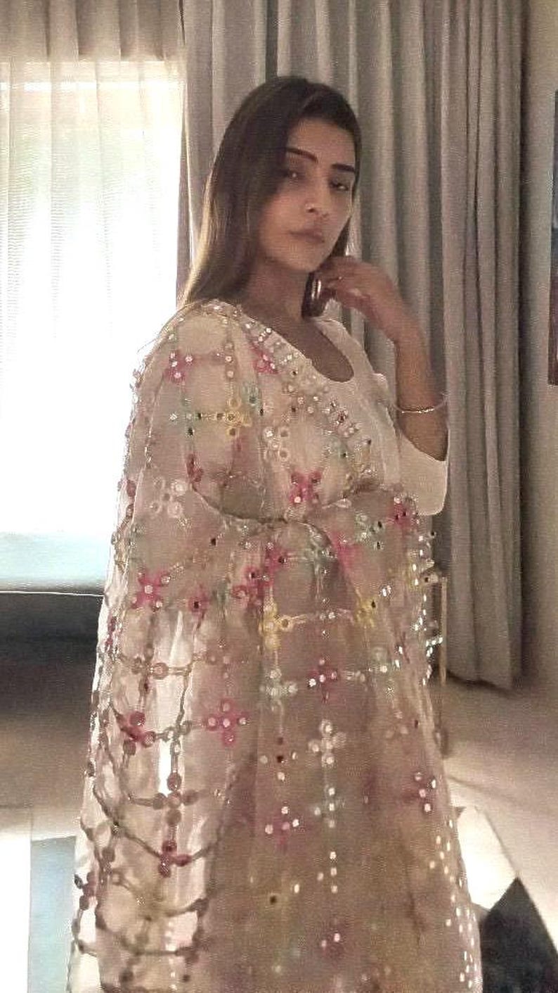 Hand Embroidered Mirror Jal Dupatta – Indian Bridal Wedding Veil Sari Wrap image 8