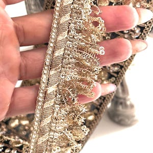 Gold Fringed Lace Trim Sequin Beaded Lace Crafting Ribbon Fringe Trim Indian Saree Edging Border Dress Finishing Trim DIY Craft Supply Lace
