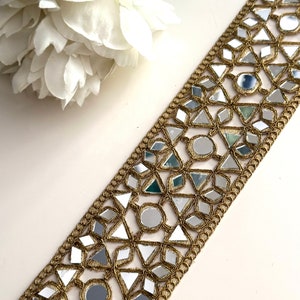 Ampio specchio indiano pizzo ricamato 6 cm oro antico specchio intaglio glamour sari modello cintura abito cintura specchio indiano zari trim