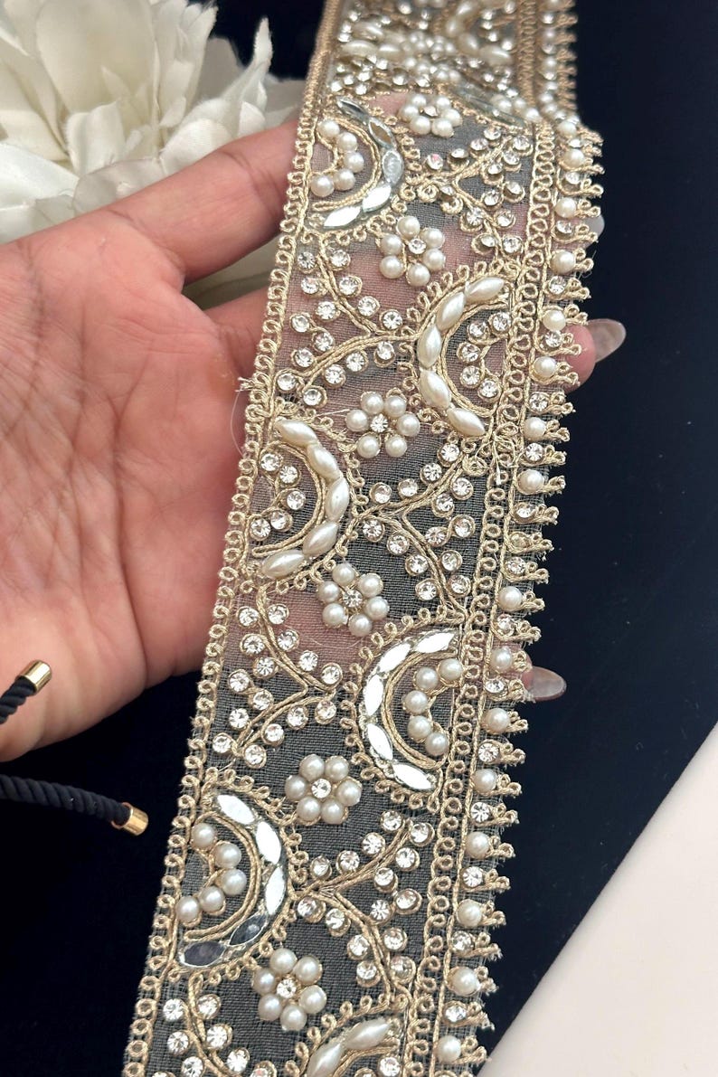 5cm by Yard Pearl Lace Light Gold Mirror Zircon & Pearl Embellished