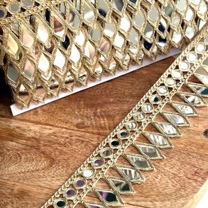 Handmade Gold Mirror Work Lace Trim, Embroidered Bridal Border