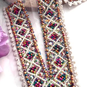 Toppa fatta a mano con perline colorate, ricamo tribale Boho con scollo a V per abito, tunica, camicia Kurti, artigianato fai da te, scollo a giogo, colletto