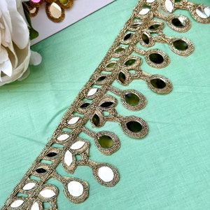 7cm gold hand crafted Indian mirror trim, suspended mirror for belts, kaftans, sari, suit, necks, wedding sash, holiday gifts trims by yard Gold