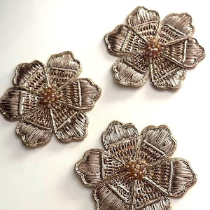Handmade Gold Floral Embroidery Patch: Beaded Metallic Thread Applique