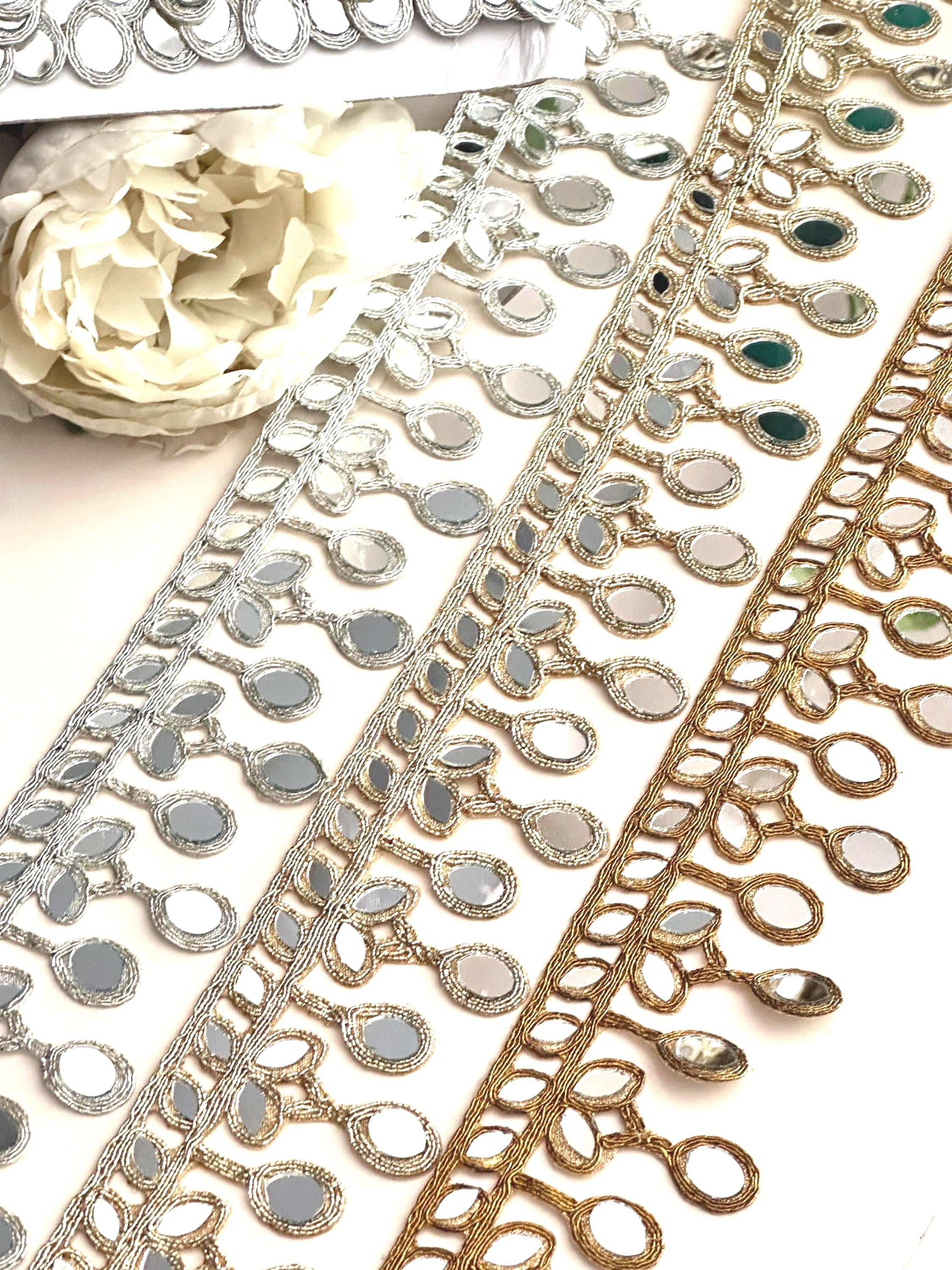 Oval Mirror Lace Trim: Antique Gold, Silver Cutwork Sari Border