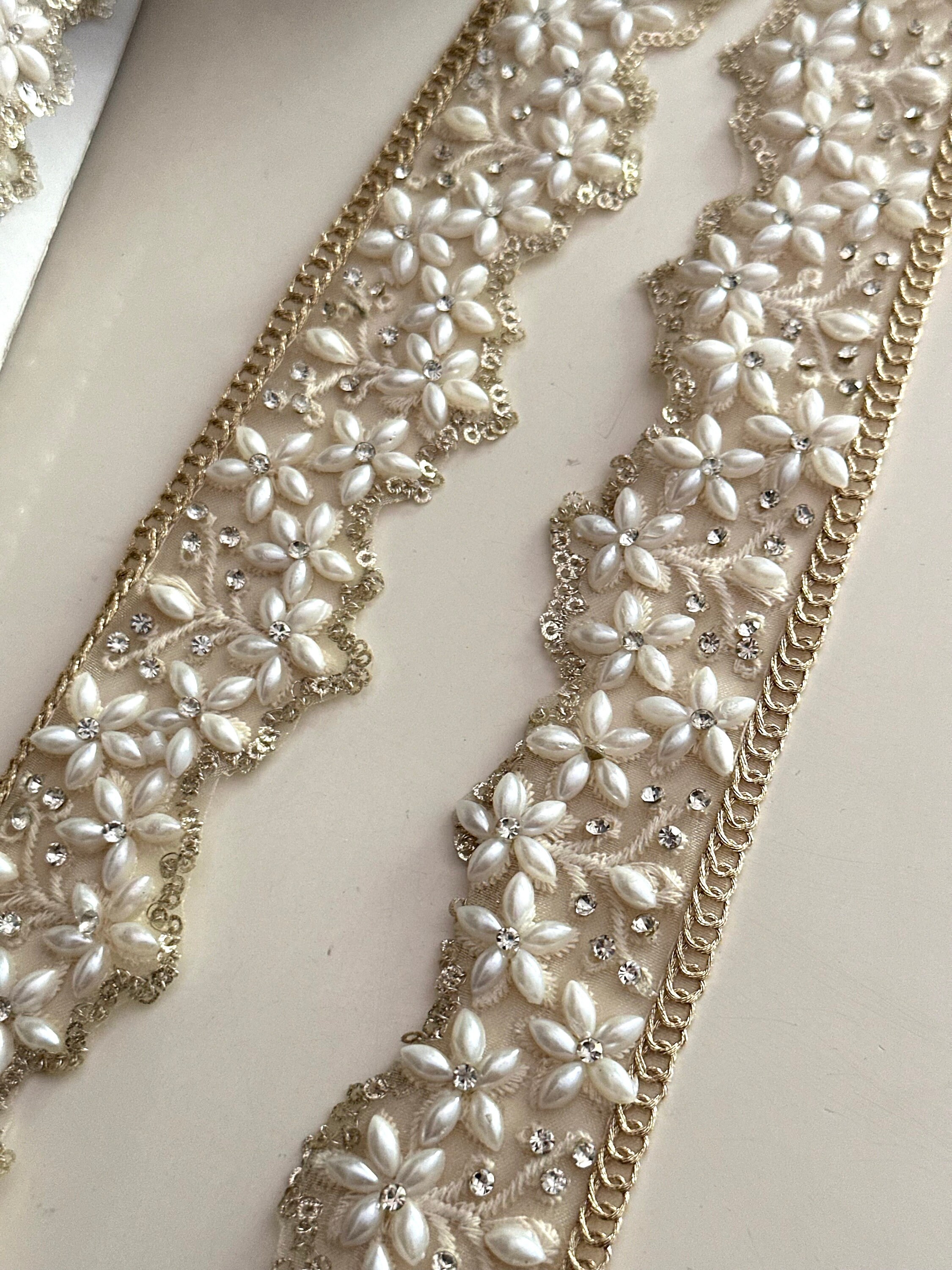 Handmade Pearl Zircon Scalloped Trim: Zari Embroidery Flower