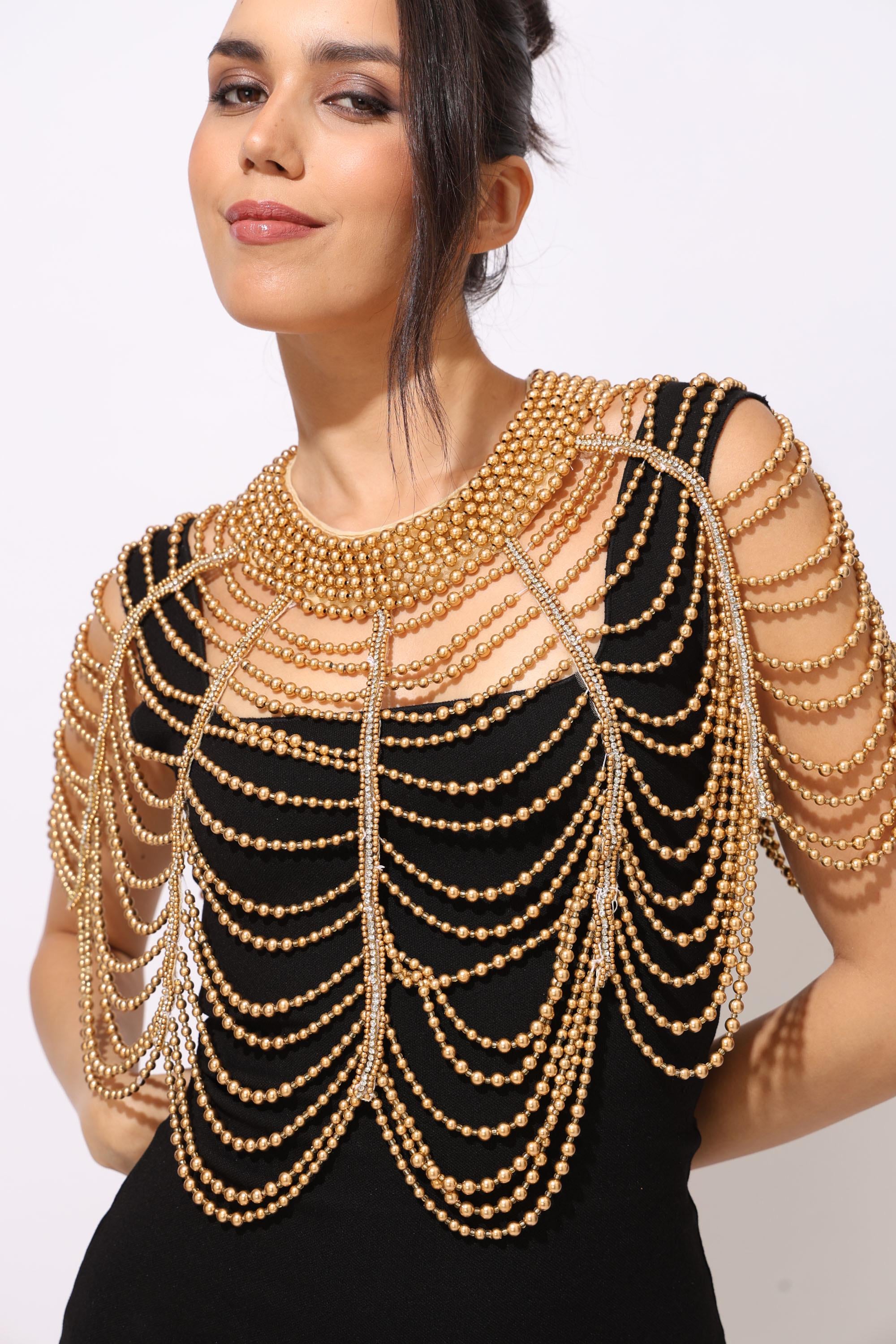 Elegant Black and Gold Beaded Shoulder Drape Necklace Gold Shoulder Necklace - Etsy main image 3