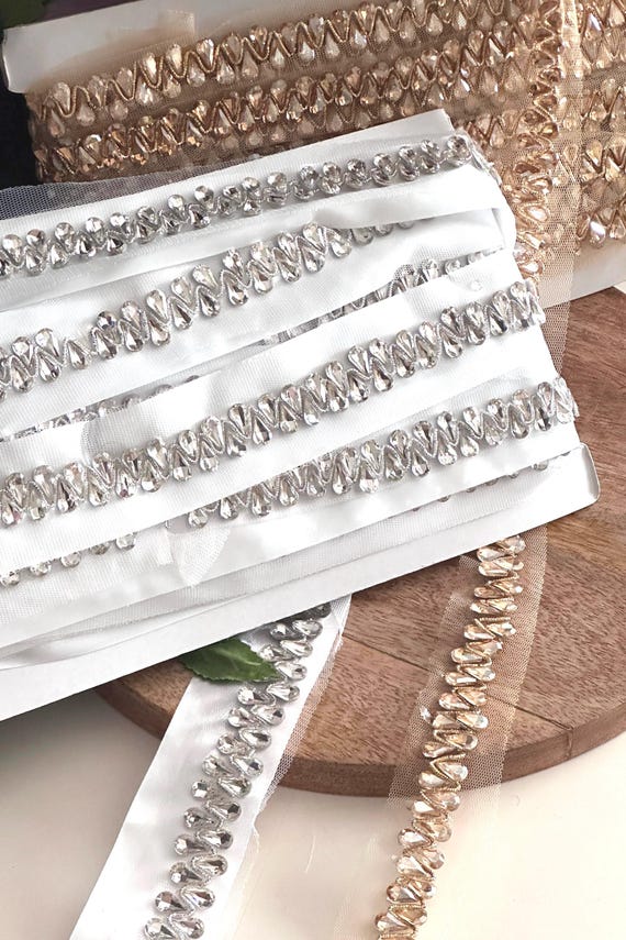 Luxury Crystal Beaded Trim Shiny Rhinestone Tear Drop Applique