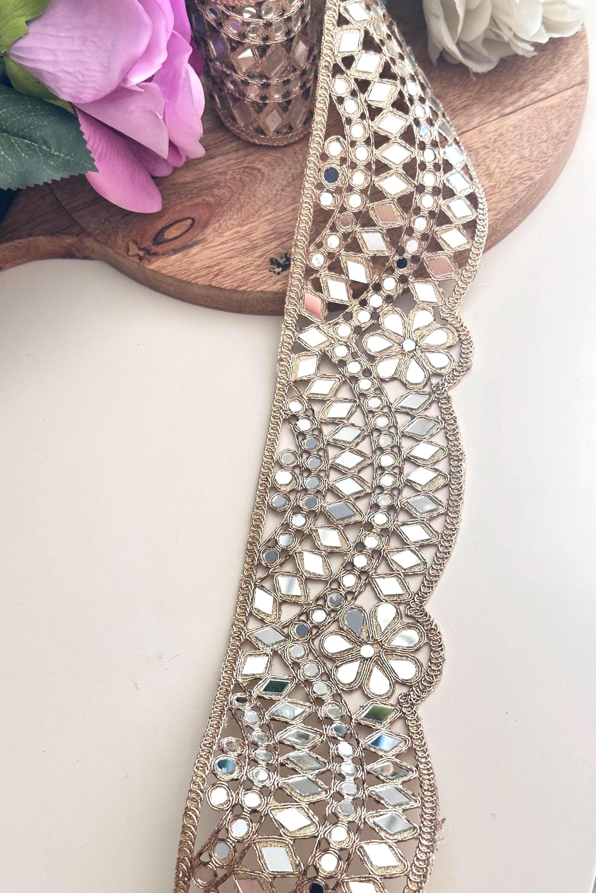 Broad Mirror Trim Rose Gold Scalloped Mirror belt 7cm Glamourous saree Border Indian Bollywood Mirror Band Kaftan Belt DIY Sew on Trim