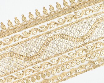 Zari decorativo de oro pálido de 7 pulgadas con secuencia bordada para coser en adornos indios, borde de sari, cinta para recortar prendas, costura vendida cortada a medida