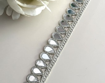 TearDrop Real Mirror Trim Lace Silver Indian Embroidered Sari Lehenga Suits Wedding Sash Supply Boho Jewellery DIY Sewing Craft 2cm by Yard