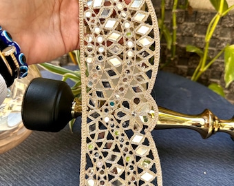 Plata de 7 cm, oro opaco, adorno de espejo de diseñador de vieira dorada, borde de sari glamoroso, encaje de Bollywood indio, caftán, cinturón DIY coser en recorte cortado a medida