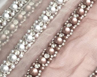Pearl Rhinestone Lace Trim for Wedding Veil, Bridal Headband, Belt Decor