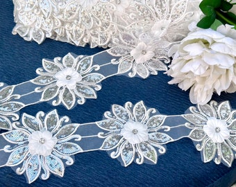 Beautiful 1 Meter White floral sequence Embellished Patch Bridal Lace Crafting Cushion LACE TRIM Sewing Lace, Wide Lace Trim, Edge Lace Trim