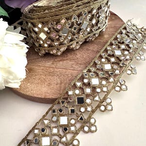 Gold Mirror Work Lace Trim for Costume Belts & Cinturones Indian Embroidered Ribbon for DIY Festival Wear Dance Outfits Bridal Sash Craft