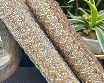 1yard 4cm Gold Glass Bead Pearl Embellished  Bridal Lace Crafting Cushion LACE TRIM Sewing Lace, Wide Lace Trim, Edge Lace Trim Costume Trim