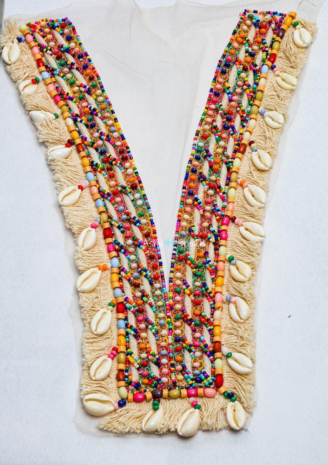 Boho Beaded Shell Neck Applique Patch Handmade Tribal Beadwork Neckline ...