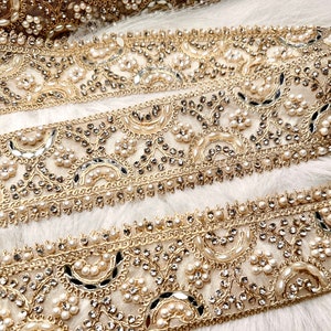 2 Yards Light Golden Mirror, Zircon & Pearl Embellished Border Trim, Indian Embroidered Sequin Zardozi Lace, Lehenga Dress Lace 5cm wide image 4