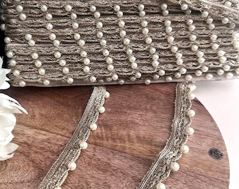 Gold Pearl Lace Trim 9mtr crafting Ribbon Decorative Beaded Lace for Sewing Embellishment Wedding Decor Sari Border DIY Project Upholstery