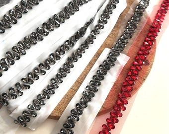 Crystal Rhinestone Trim Beaded Lace Ribbon – Black Red Bridal Costume DIY Fabric