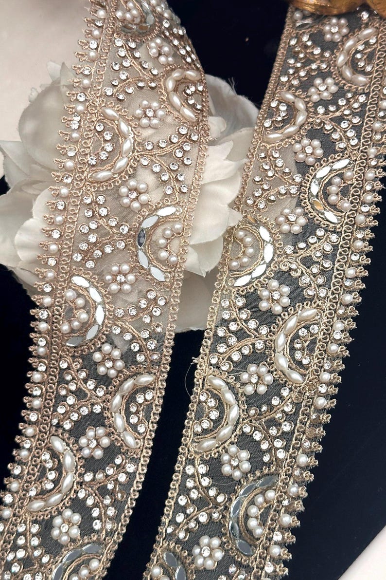 5cm by Yard Pearl Lace Light Gold Mirror Zircon & Pearl Embellished