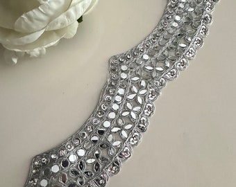 4cm scalloped Flower zircon indian embroidered border Vine mirror trim For KaftanLehngas sari suit, wedding sash, sew on trim by yard