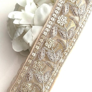 Light Gold Flower Zari Embroidery & Sequin Cutwork Traditional Indian Trim for Blouses Dupattas DIY Sewing Boho Crafting ribbon by Yard 5cm