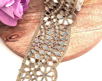 Broad Belt Dull Gold 7cm Scallop Mirror Trim Glamourous Indian Embroidered Cinturon Espajo Bollywood Mirror Band DIY Sew on Trim By Yard