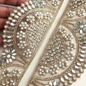 Pearl & Mirror Embroidered Lace Trim: Bridal Veil, Saree Border - 3.5&quot; Wide