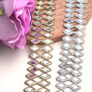 4.5cm geometric pattern mirror Indian hand crafted work border for belts, Chokers,sari, suit,necks, wedding sash, holiday gift trims by yard