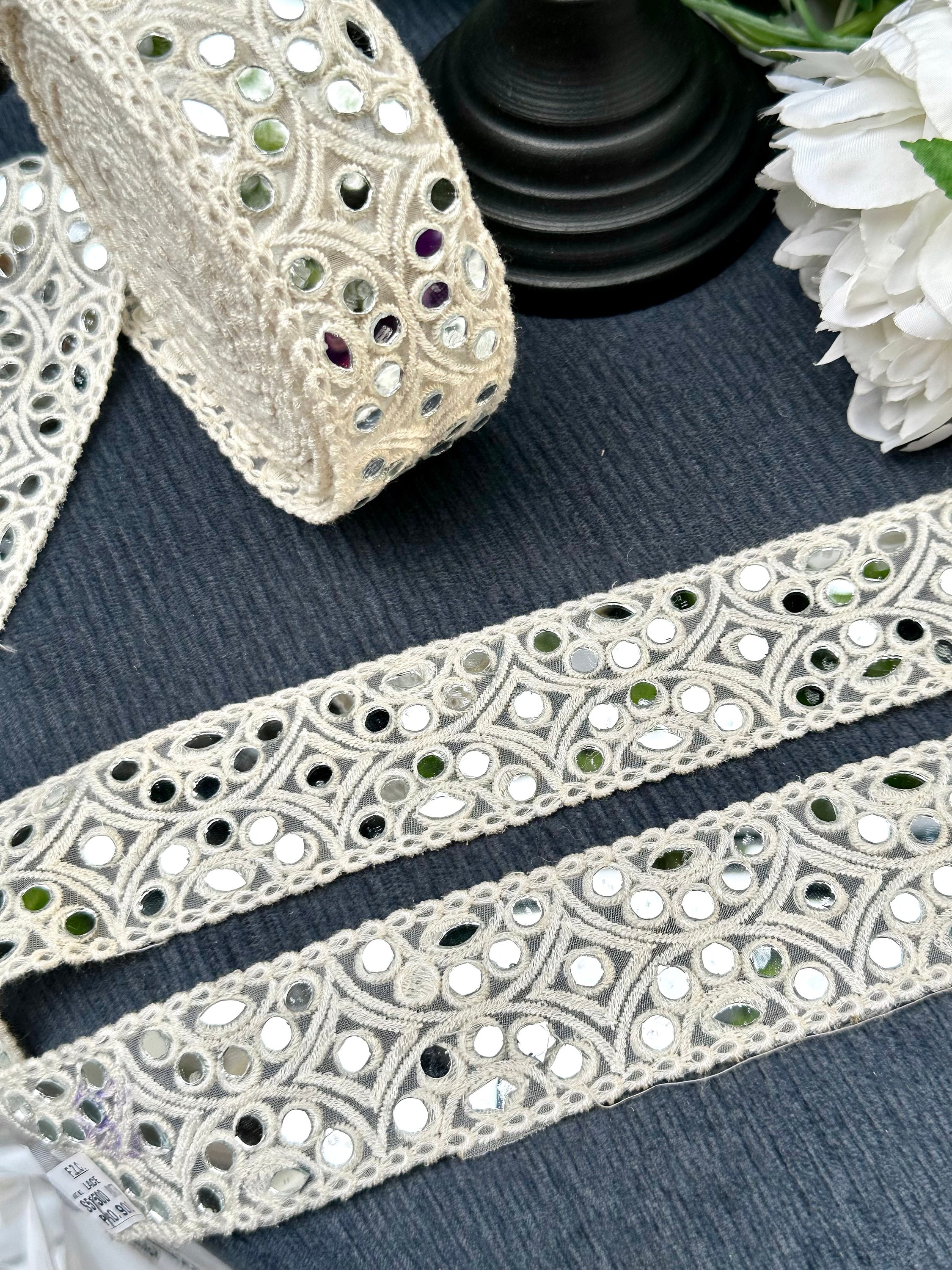 4.5cm Exclusively Crafted White Real Mirror Embroidered Traditional ...