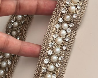 Indian lace zircon antique zari embroidered lace trim 2cm Pearl embellished perfect for wedding festive custom costume craft supply add on