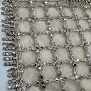 Hand embroidered net dupatta with dense real mirror jal work and intricate geometric pattern