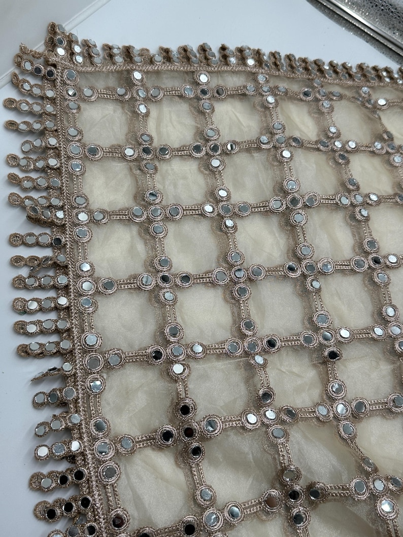 Hand embroidered net dupatta with dense real mirror jal work and intricate geometric pattern