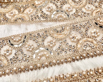 2 Yards Light Golden Mirror, Zircon & Pearl Embellished Border Trim, Indian Embroidered Sequin Zardozi Lace, Lehenga Dress Lace 5cm wide