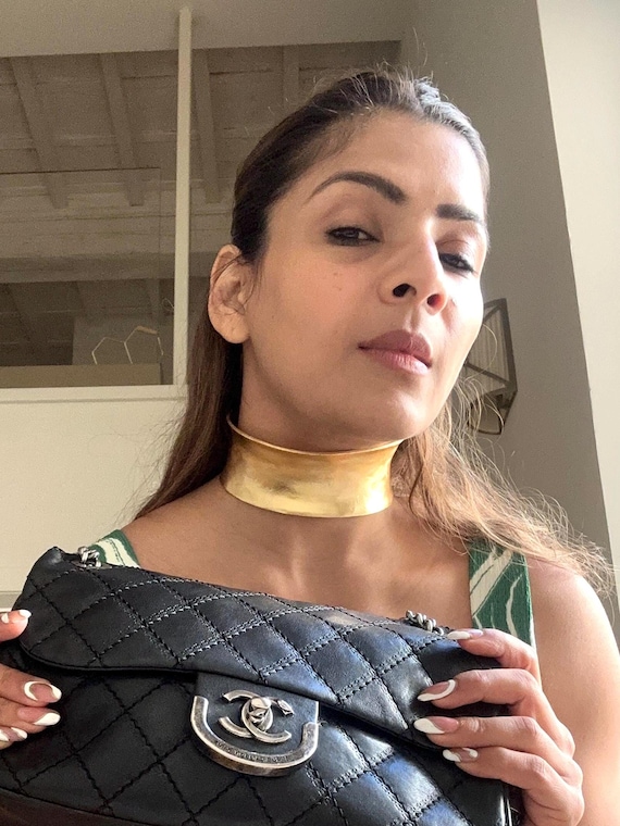 Gold Brass Choker Necklace: Adjustable Wide Collar, Afro-futurist