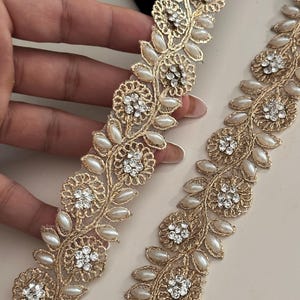 Pearl beaded lace trim with Rhinestone Thin Vine Bridal Sash Hair Accessory Addon Beaded Pearl Trim For Flower Girl dress Fabric Jewelry