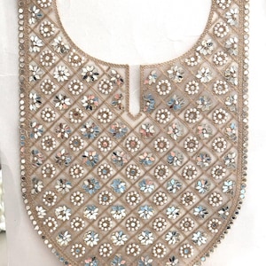 Floral Embroidery Applique Sew on Neckline Patch Mirror Pearl Stone Embellished Handcrafted Neck For Custom Dress Indian Bridal Ethnic Wear