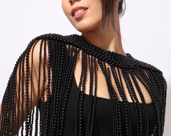 Beaded Shoulder Cape, Black Bridal Cover Up, Handmade Shoulder Jewelry, Fringe Capelet for Dresses, Statement Beaded Epaulettes Formal Gown