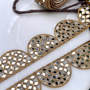 Borde de trabajo de espejo indio hecho a mano festoneado de 7 cm para cinturones de espejo, caftanes, sari, traje, cuellos, faja de boda, regalos navideños cortados a medida Oro