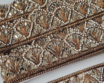 Beau travail antique de Zari, dentelle indienne de perle et de zircon, frontière de sari ceinture de mariage bricolage approvisionnement oreiller artisanat bordure de perles à la main par mètre