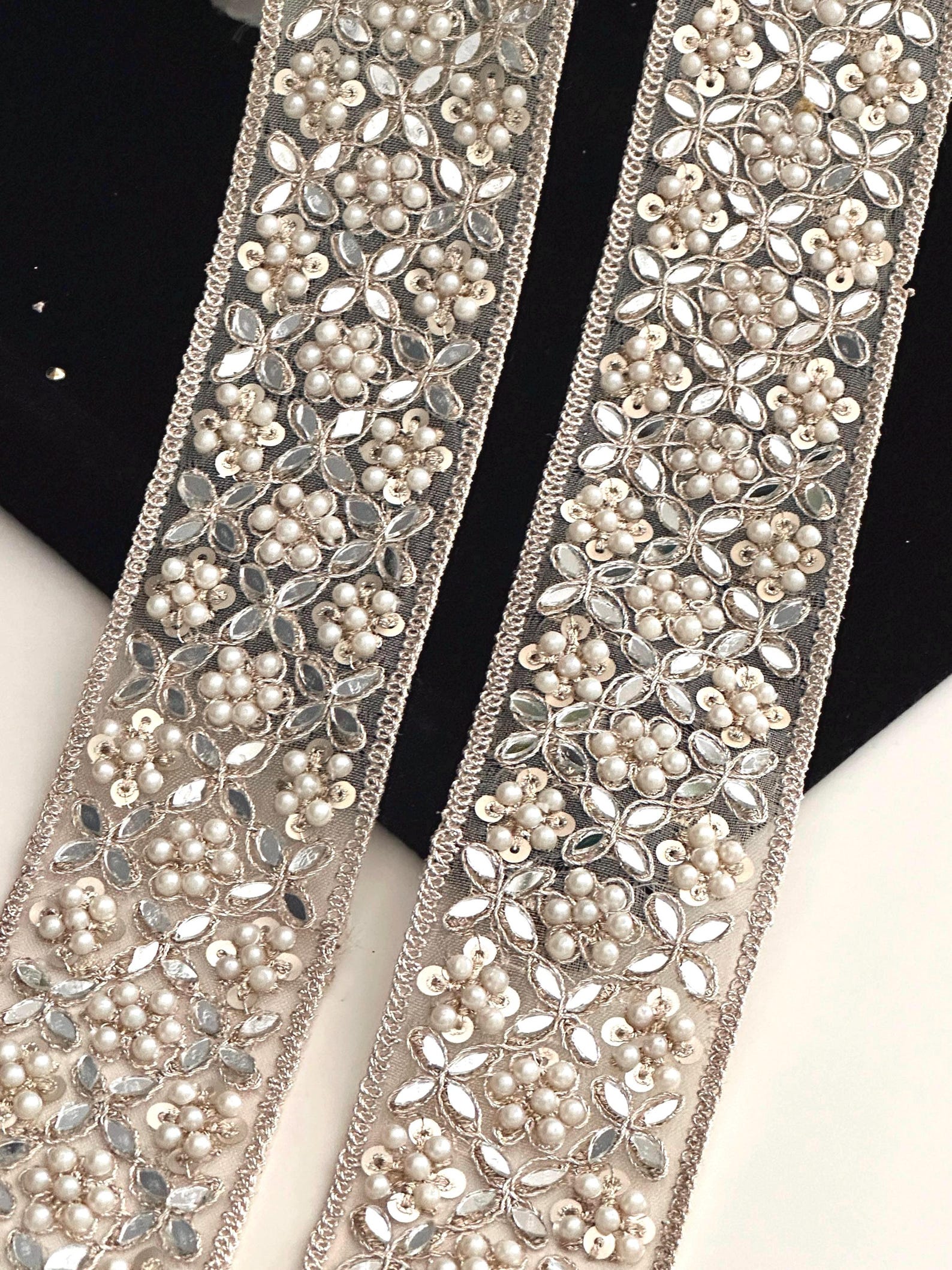 Broad Ribbon Broad Elegant White Pearl Pale Zircon Gold Zari Work Lace Trim ...