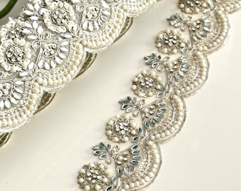 Light gold pearl bridal lace Zircon Embellished wedding gown lace veil Trim Pearl sash flower girl headpiece custom fabric jewelry