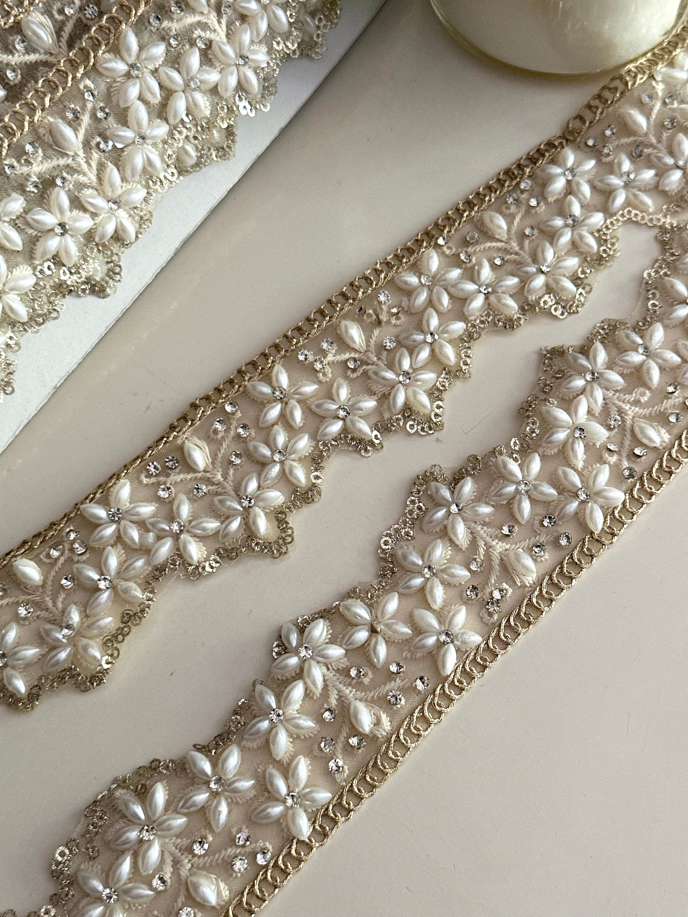 Handmade Pearl Zircon Scalloped Trim: Zari Embroidery Flower