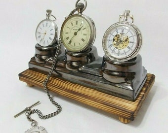 Triple Pocket Uhrenständer hält drei Uhren nebeneinander kleine bis große Uhren Triple Pocket Stand Rack Halter Display Holz & Keramik
