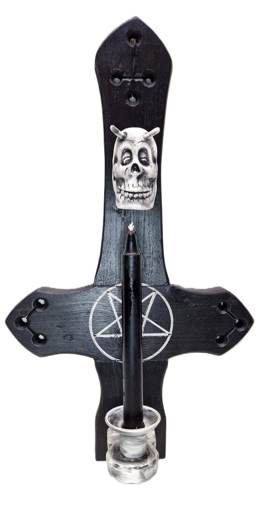 Satanic Inverted 17” Wooden Wall Cross, Candle Sconce, Demonic Skull ...