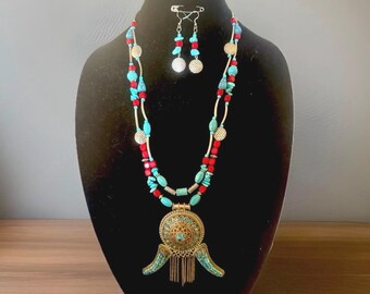Turquoise Howlite & Red Coral Necklace and Earring Set - Handmade - Southwest Style. Sustainable, boho
